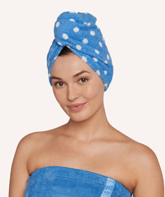 Blue with white polka dot Turbie Twist hair towel and matching blue bath wrap