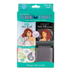 Front of Packaging of Turbie Towel and Satin Pillowcase