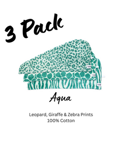 Set of 3 - 100% Cotton Turbie Twist Hair Towels in leopard, giraffe & zebra prints in shades of aqua.