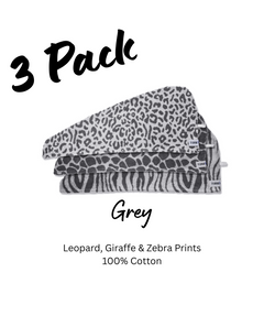 Set of 3 - 100% Cotton Turbie Twist Hair Towels in leopard, giraffe & zebra prints in shades of grey.