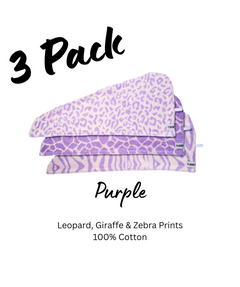 Set of 3 - 100% Cotton Turbie Twist Hair Towels in leopard, giraffe & zebra prints in shades of purple.