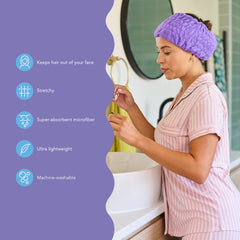 A woman practicing self-care, wearing a purple Turbie band. On the left side, product description texts read: 