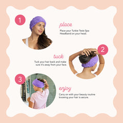 Photo tutorial on how to wear the Turbie band, featuring three pictures of a woman with accompanying text explaining the steps.

Picture 1: Step 1: 