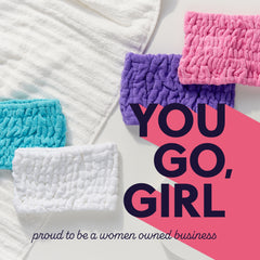 A picture of four colorful turbie bands in pink, purple, green, and white. The picture includes text that reads 'You go girl' and 'Proud to be a women-owned business