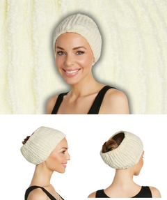 Photos shows a women wearing a Banana Cotton Turbie Band, with angles from the front, back, and side.