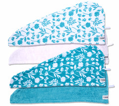 Set of 4 100% Cotton Turbie Twists in the colors White, Aqua, White with an Aqua Floral Print, and Aqua with a White Floral Print.