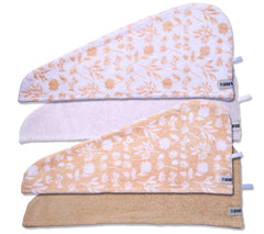 Set of 4 100% Cotton Turbie Twists with the colors being White, Oatmeal, Oatmeal with a white Flower Pattern, and White with and Oatmeal Flower Pattern.
