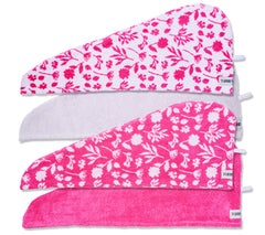 Set of 4 100% Cotton Turbie Twists in the colors White, Pink, Pink with a White Floral Print, and White with a Pink Flower Prints.