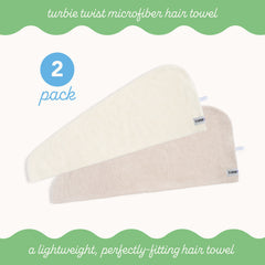 2 Pack of Microfiber Turbie Twists in the colors Antique White and Moonbeam. Text in Photo reads: turbie twist microfiber hair towel a lightweight, perfectly-fitting hair towel: 2 pack.