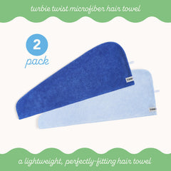 2 Pack of Microfiber Turbie Twists in the colors Dark Blue and Light Blue. Text in Photo reads: turbie twist microfiber hair towel a lightweight, perfectly-fitting hair towel: 2 pack.
