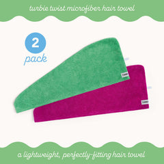 2 Pack of Microfiber Turbie Twists in the colors Kelly Green and Wild Aster. Text in Photo reads: turbie twist microfiber hair towel a lightweight, perfectly-fitting hair towel: 2 pack.