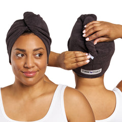 Picture of a Women wearing a Microfiber Turbie Twist in the color Solemnity.