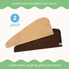 2 Pack of Microfiber Turbie Twists in the colors Camel and Cinnamon. Text in Photo reads: turbie twist microfiber hair towel a lightweight, perfectly-fitting hair towel: 2 pack.
