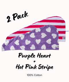 2 Turbie Twist hair towels one with pink and white stripes one with purple and white hearts