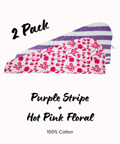2 cotton Turbie Twists. One with purple and white stripes one with pink and white floral pattern