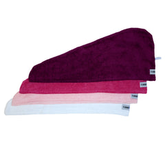 4 Pack of 100% Cotton Turbie Twists in the colors Deep Raspberry, Bright Raspberry, Strawberry, and White.