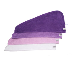 100% Cotton Turbie Twist 4 Pack in the colors Dark Purple, Amethyst, Light Purple, and White.