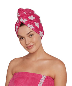 Pink with white flower turbie twist hair towel and matching pink bath wrap