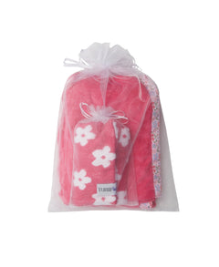 Pink with white flower turbie twist hair towel and matching pink bath wrap inside gift bags
