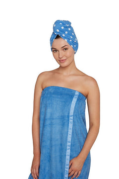 Blue with white polka dot Turbie Twist hair towel and matching blue bath wrap