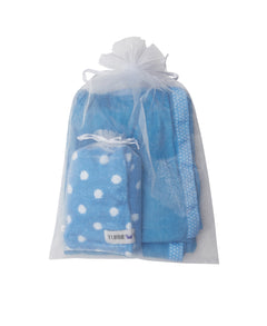 Blue with white Polka Dot Turbie Twist hair towel and matching blue bath wrap inside gift bags