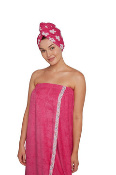 Pink with white flower turbie twist hair towel and matching pink bath wrap