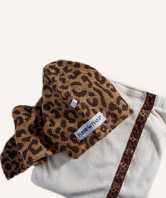 Brown and black leopard print turbie twist hair towel and coordinating beige bath wrap