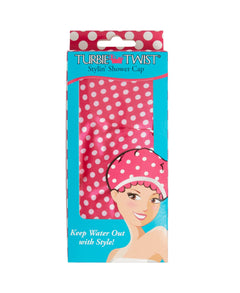 Pink with white polka dots stylin’ shower cap in package