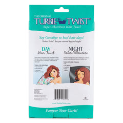 Back of packaging of turbie towel and satin pillowcase