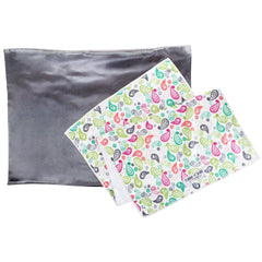 Grey satin pillowcase and multicolor paisley Turbie Towel