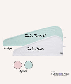 Extra long Turbie Twist microfiber hair towels, 5.5” longer than standard size. One pink and one mint green.